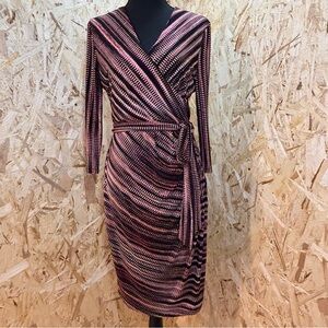 Le Château Wrap Dress – Pink & Black Print – Ruched Midi – Size M - Workwear